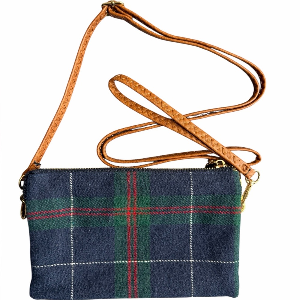 Jen & Co Plaid Crossbody Wallet Clutch Brown‎ Vegan Leather Tartan